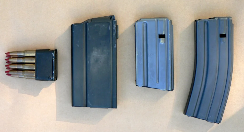 M1 Garand 8-round clip, M14 20-round magazine, AR-15/M16 20- and 30-round magazines
