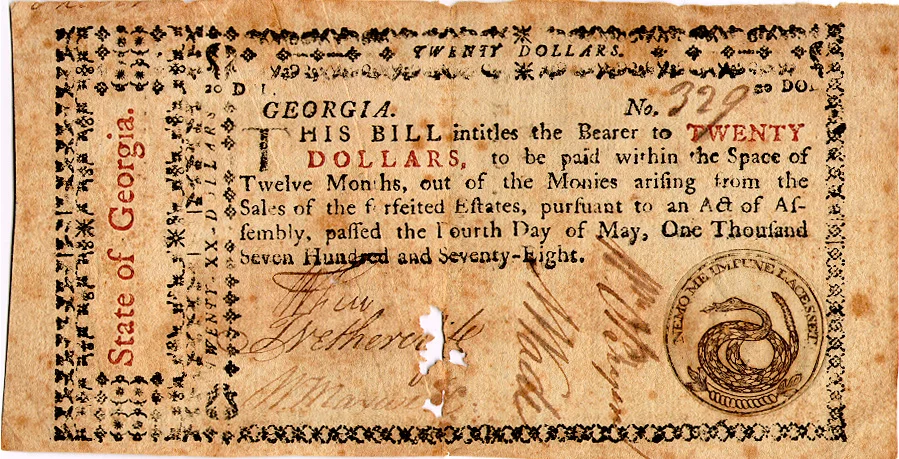 Georgia $20 Bill, May 4th, 1778. Photo Credit - https://coins.nd.edu/colcurrency/currencytext/GA-05-04-78.html