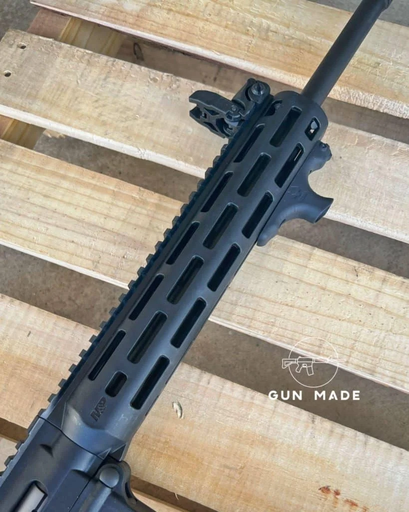 The M-Lok handguard gives you a ton of different mounting positions for your accessories. Right now, I’m currently running a Viridian hand stop.