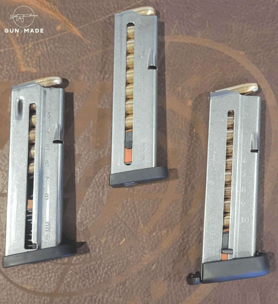 From left to right: 9mm Luger, 380 Auto, and 30 Super Carry cartridges