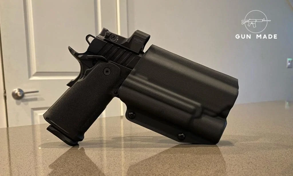 Prodigy 1911 side profile view holstered black tactical