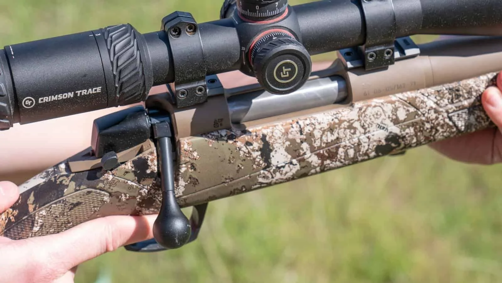 cva cascade 350 legend close up camo with crimson trace optic