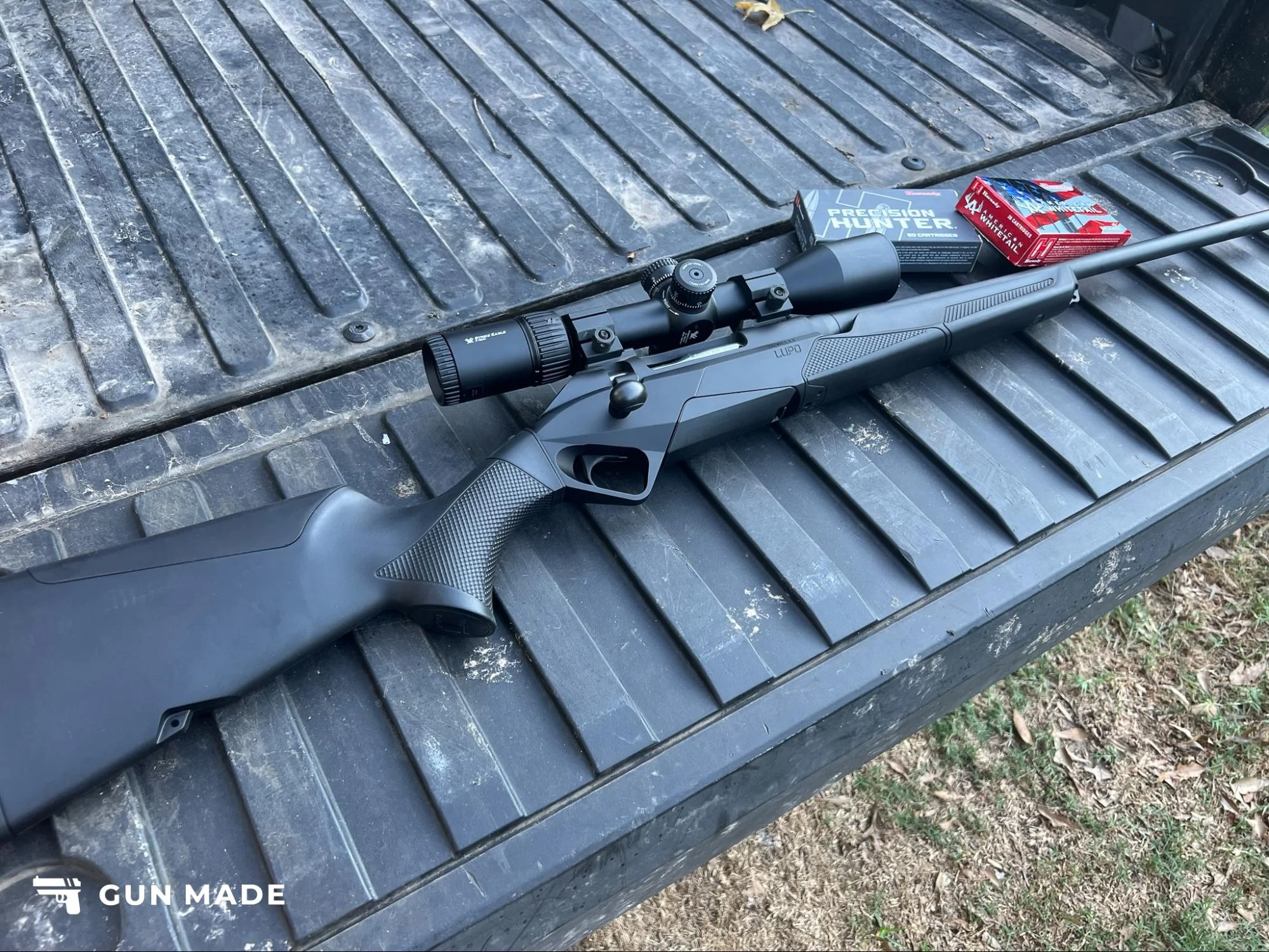 benelli lupo on truck bed hornady ammo precision hunter ammo