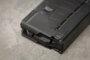 Lancer L5AWM 30 hybrid magazine showing the steel feed lips, a key feature for enhanced durability and reliability