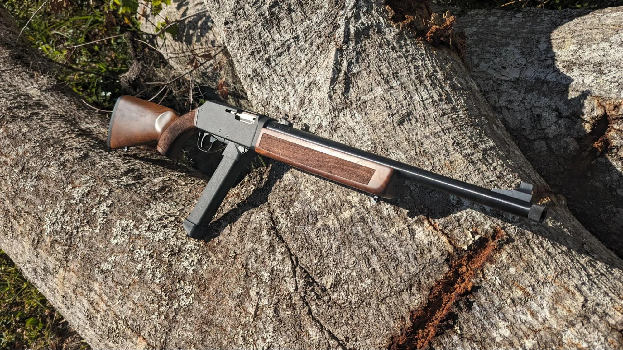 henry homesteader 9mm carbine against tree side view