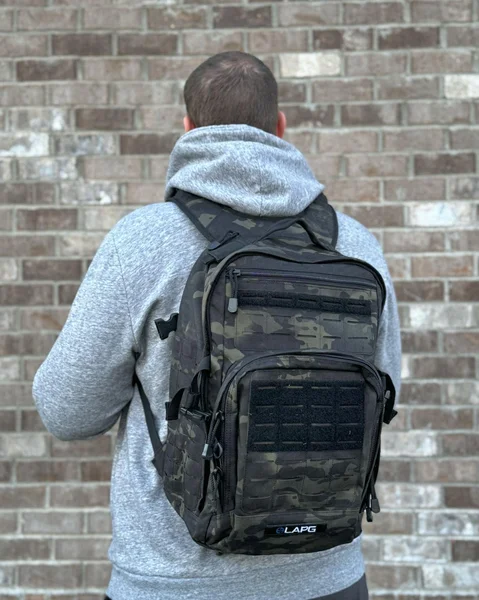A person wearing a LA Police Gear Atlas Backpack