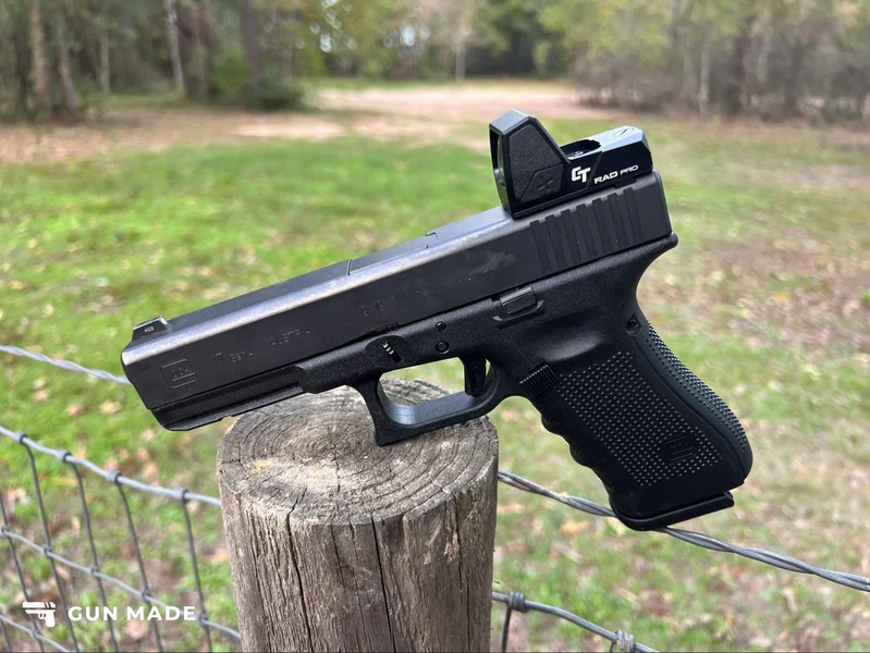 Crimson Trace RAD Pro red dot reticle POV on woodpost