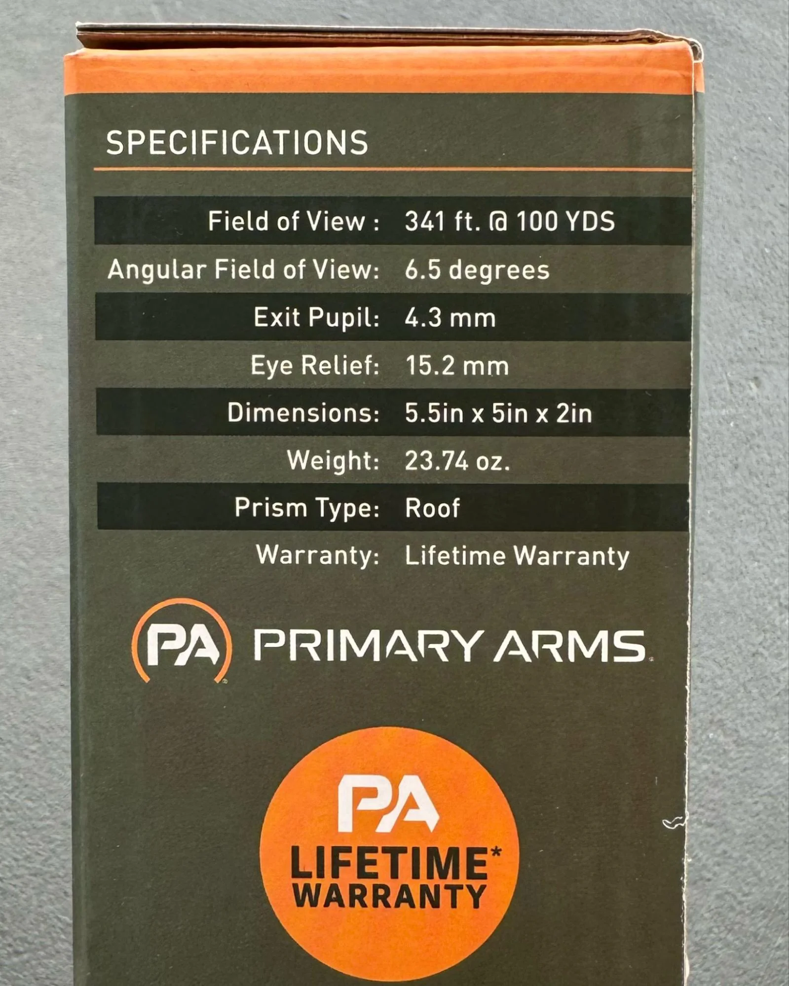 Image of the GLx binoculars box displaying key specifications like magnification, objective diameter, and field of view