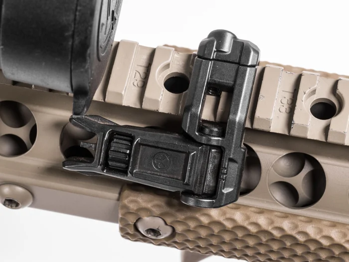 Low-profile Magpul MBUS Pro Offset sights on an AR-15, ideal for minimalist builds