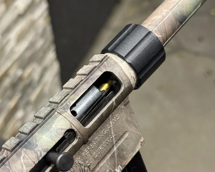 Close-up of a failure to feed round in the Henry Survival Rifle