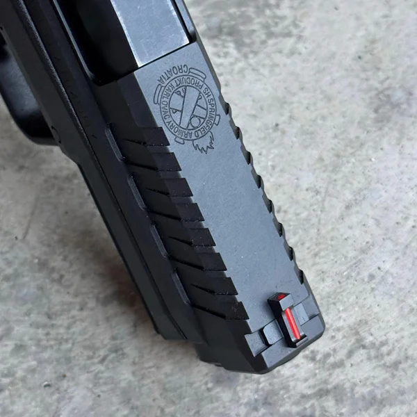 Close-up of the XD Mod.3 slide, showing the serrations and optic-ready design