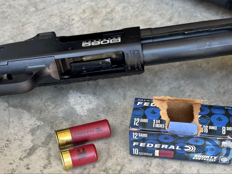 Mossberg 590S Compact barrel showing shell length markings, with 12-gauge mini and standard shells beside an open Federal ammunition box on a concrete surface.