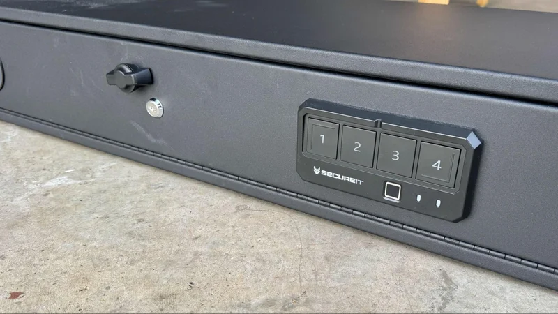 SecureIt Model 47 showing keypad with biometric scanner and manual key slot for multiple access options