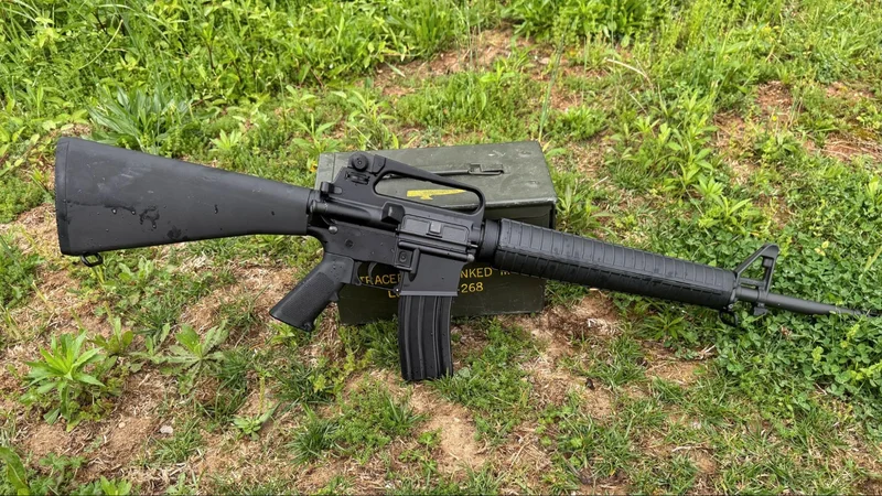 Springfield SA-16A2 laying on grass ammo can