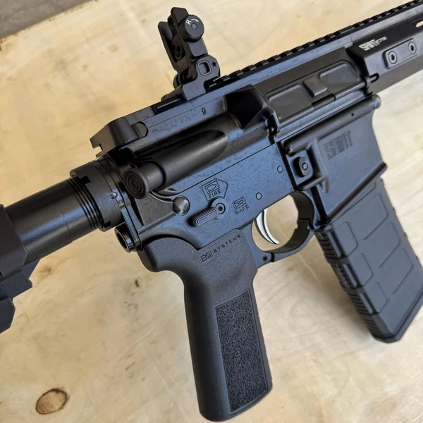 Close-up of Springfield Saint Victor Pistol showing ambidextrous safety selector and B5 Systems Type 23 P-Grip