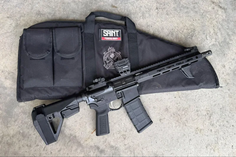 Springfield Saint Victor Pistol with PMAG displayed on a black Springfield Armory soft case
