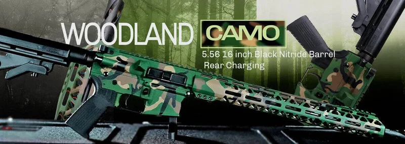 Bear Creek Arsenal AR-15 with green and brown woodland camo Cerakote finish displayed on promotional graphic