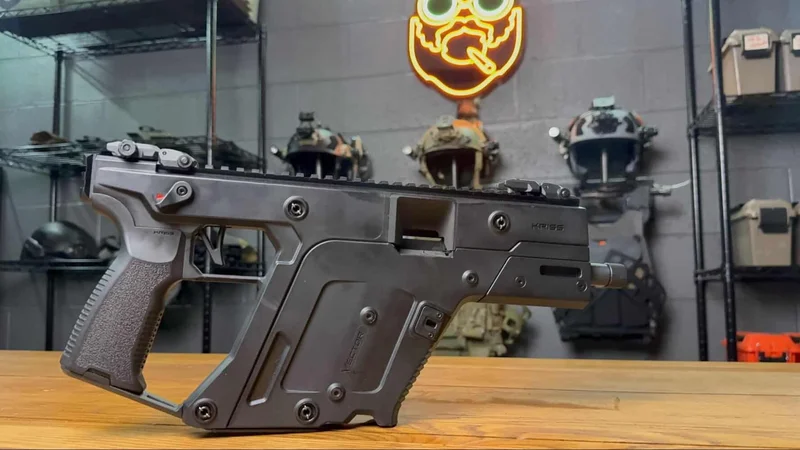 Kriss Vector Gen 3 pistol displayed on a wooden table in front of tactical helmets and a neon face sign.
