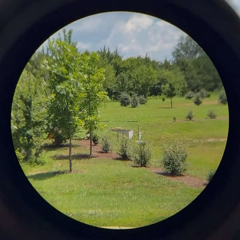 View through the GUNNR Odin LPVO at 1x magnification, showing a grassy field with slight edge distortion visible in the optic