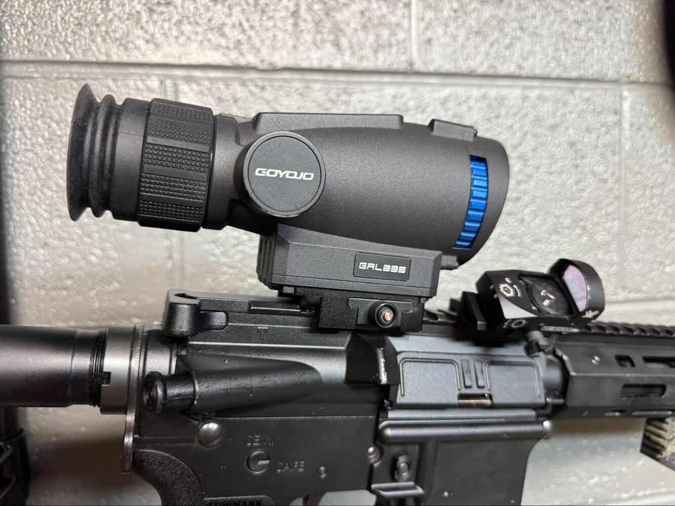 Close-up of Goyojo GRL335 thermal optic mounted on an AR-style rifle with quick-detach mount