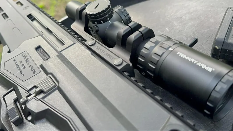 Close-up of Primary Arms LPVO scope mounted on the IWI Carmel rifle rail system
