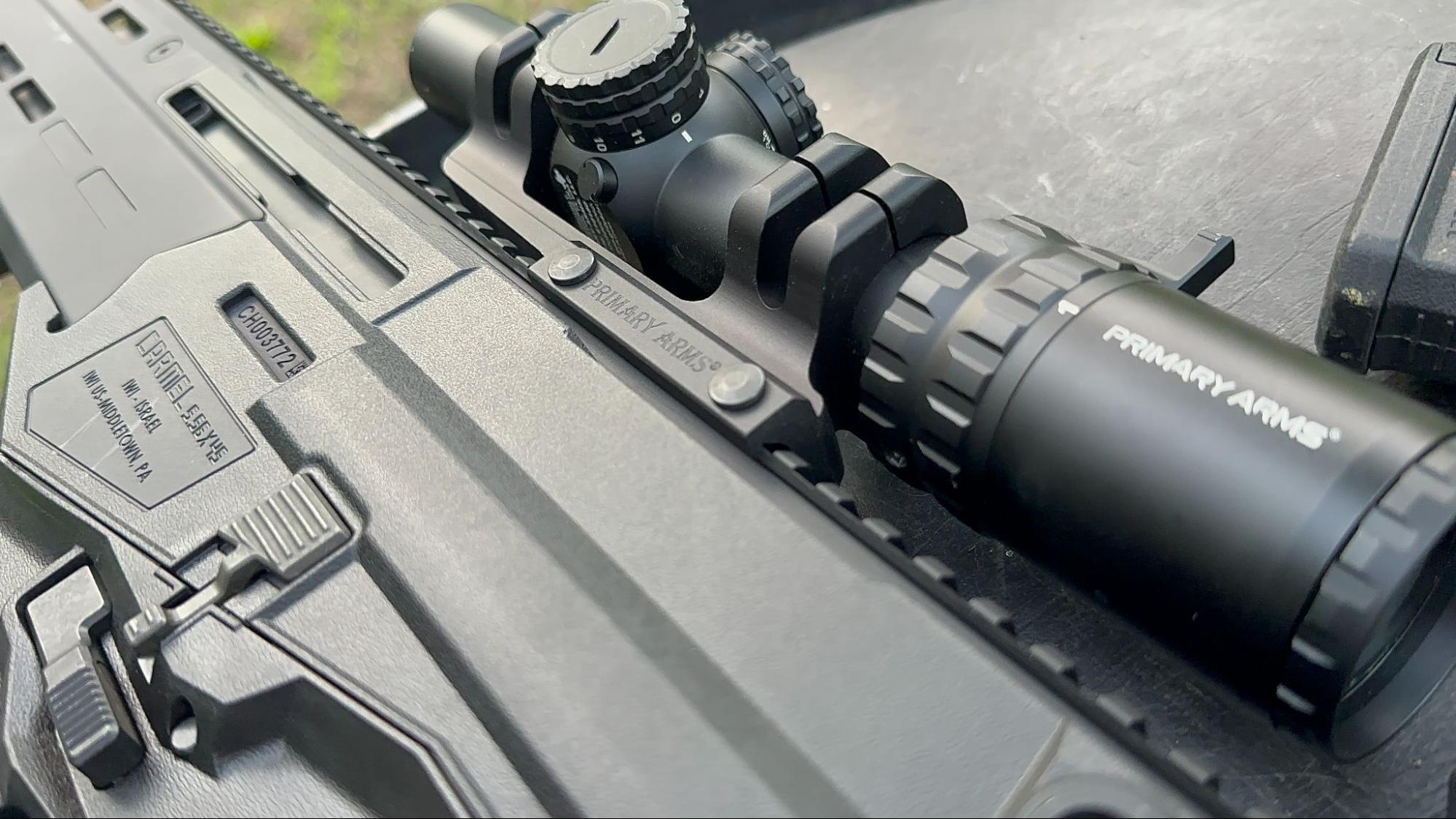 Close-up of Primary Arms LPVO scope mounted on the IWI Carmel rifle rail system