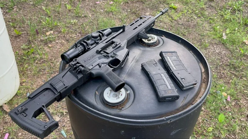 IWI Carmel rifle with scope and two magazines displayed on a black barrel outdoors