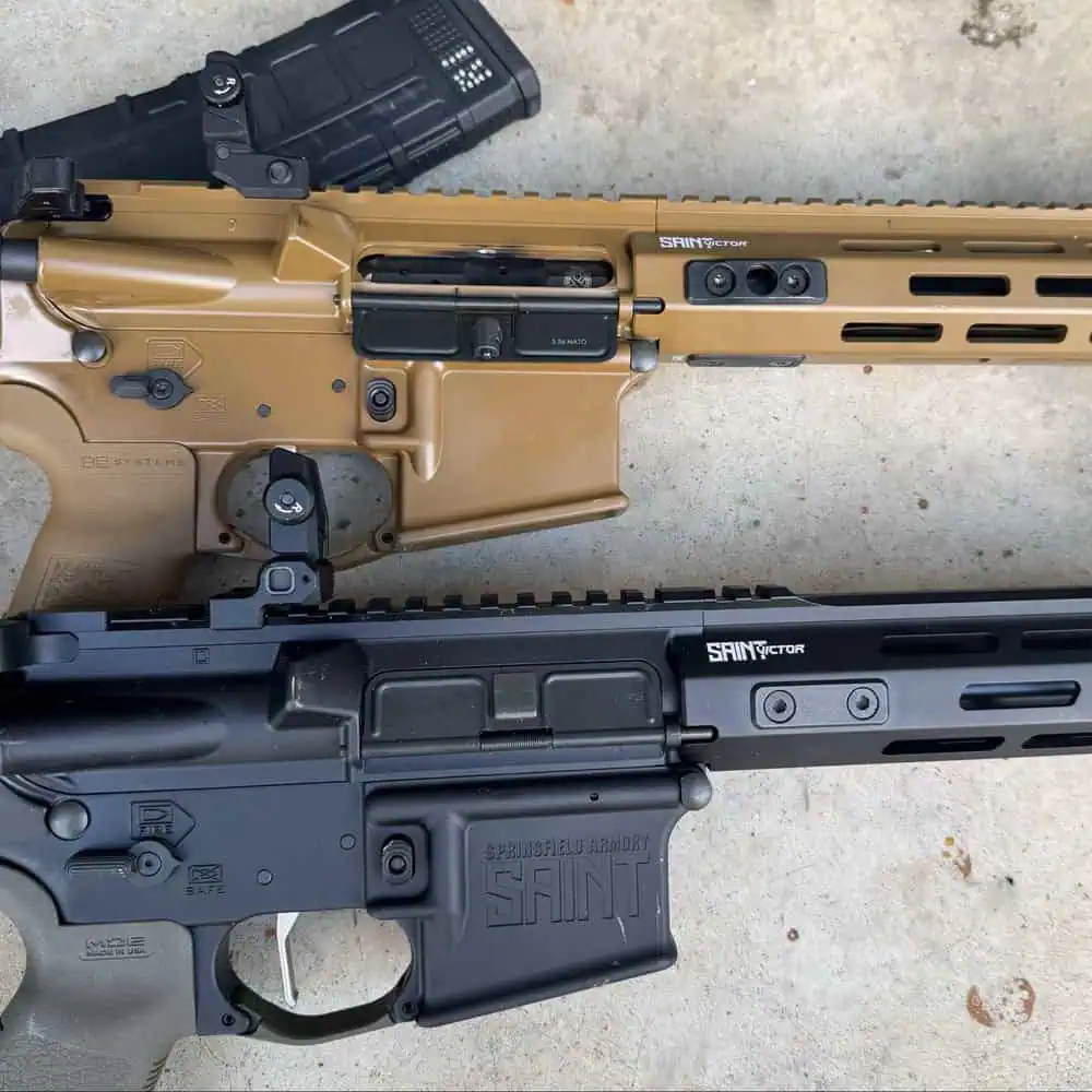 Side-by-side comparison of Springfield Armory Saint Victor V2 and older Saint Victor rifles showing logo differences