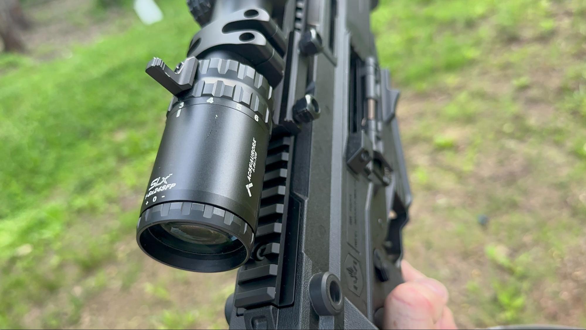 Side view of SLx Primary Arms LPVO mounted on the IWI Carmel rifle during outdoor testing