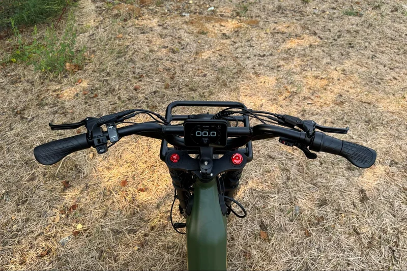 Top-down view of Birch Grolar AWD handlebars and display while parked on grass, emphasizing control and riding stability.