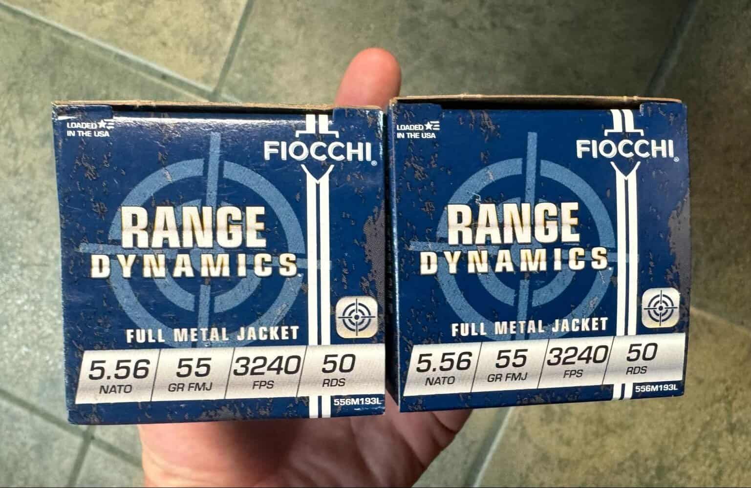 Two boxes of Fiocchi Range Dynamics 55-grain FMJ 5.56 NATO ammo used in Goyojo GRL335 thermal scope field testing