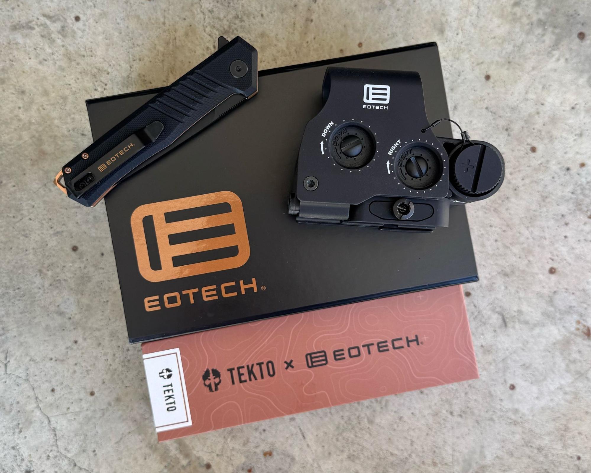 Tekto F1 Alpha EOTECH Edition knife and EOTECH optic displayed on branded packaging