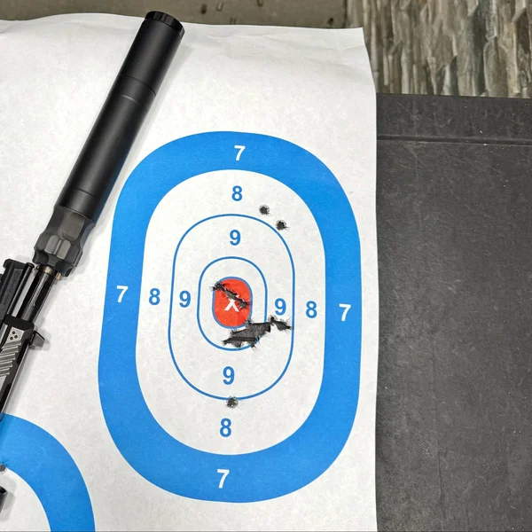 Shooting target showing a tight accuracy group fired from a suppressed Strike Arms pistol at defensive distances.