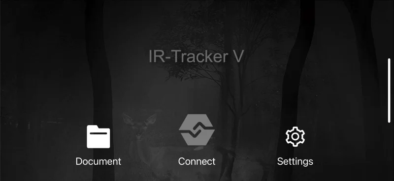 IR-Tracker V app home screen with Document, Connect and Settings buttons