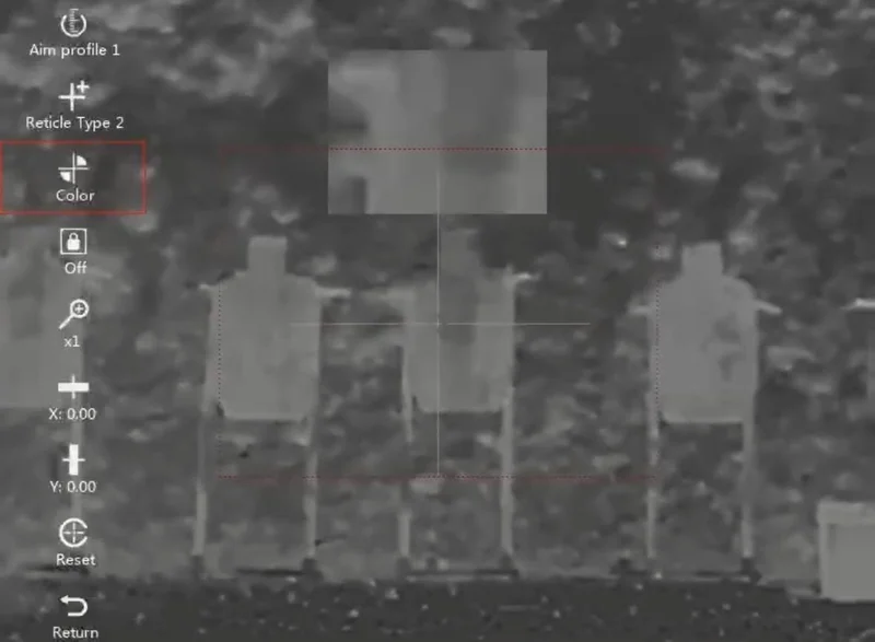 Goyojo GRS225RF zeroing menu with aim profile and reticle options over three silhouette targets