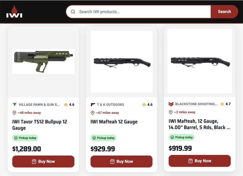 IWI website product locator showing a Tavor TS12 and two Mafteah 12 gauge shotguns in stock at local dealers with prices and same-day pickup
